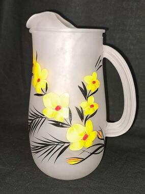 Frosted Gay Fad Glass Pitcher with Yellow Floral Design